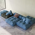 Modular Sectional Sofa Blue Brown Upholstered Fabric Tufted Design with Decorative Pillows