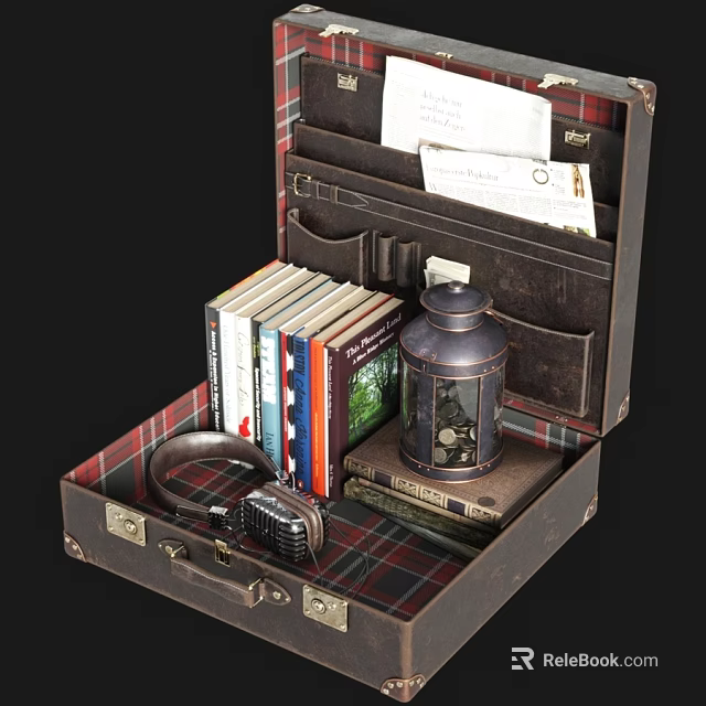 Vintage Suitcase Wall Decor With Books Lantern Radio And Papers 3d model 