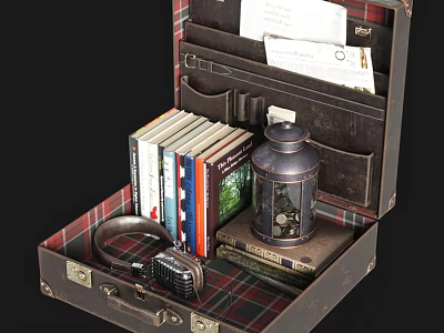 Vintage Suitcase Wall Decor With Books Lantern Radio And Papers 3d model