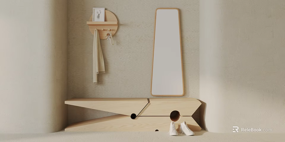 Light Wooden Clothespin Shaped Sofa Stool With White Shoes Round Hook Rack And Rectangular Mirror 3d model
