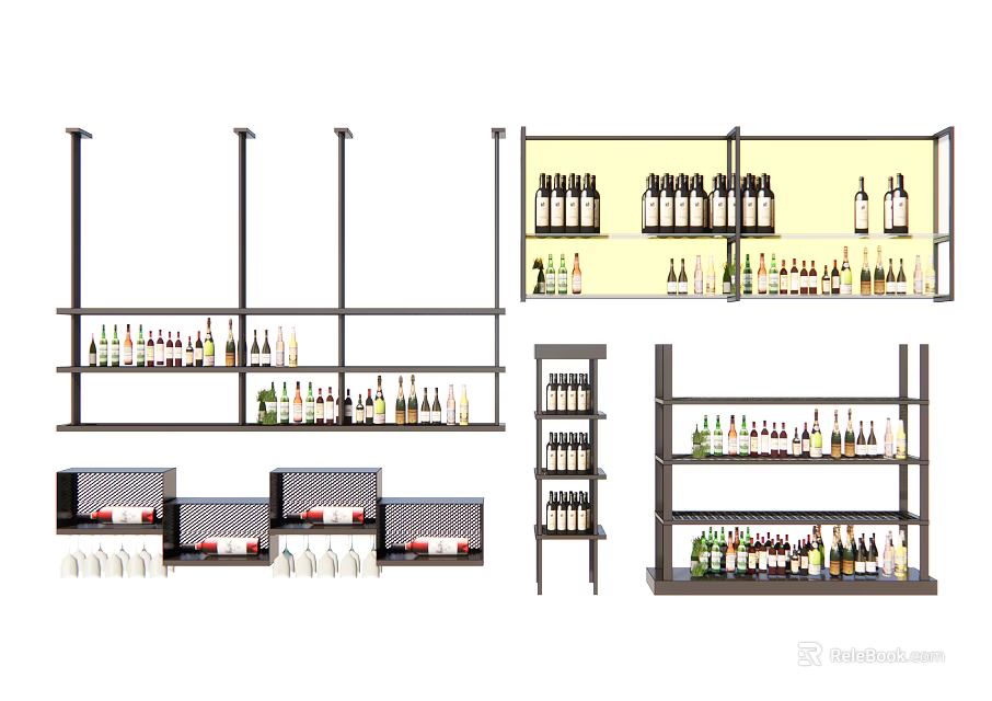 Modern Wine Cabinet Design With Multiple Shelves For Wine Bottles And Glassware 3d model 