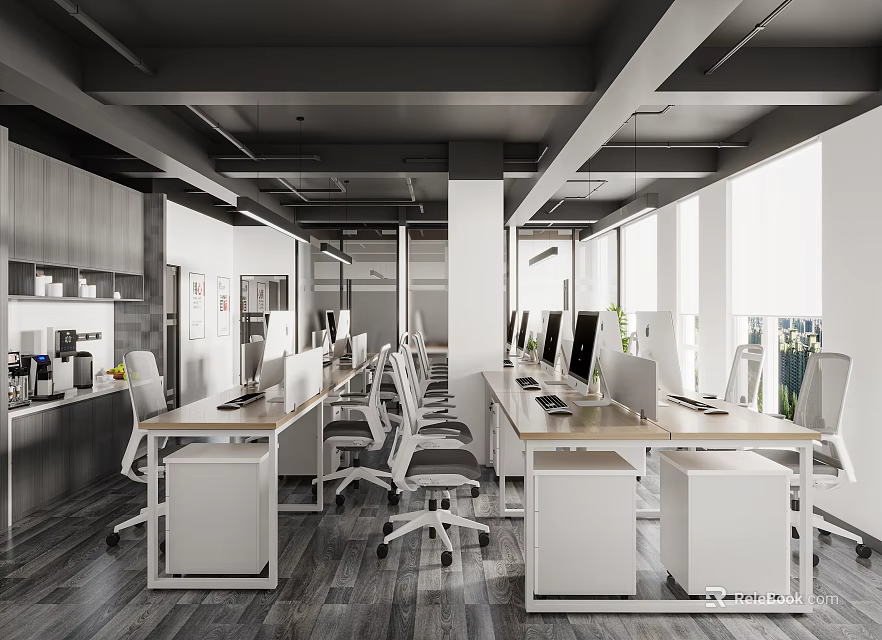 Modern Office Interior With Open Layout Desks Computers White Chairs Large Windows And Natural Light 3d model 