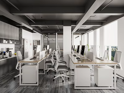 Modern Office Interior With Open Layout Desks Computers White Chairs Large Windows And Natural Light 3d model