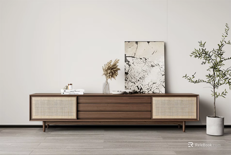 Modern Minimalist Dining And Living Room With Wooden TV Cabinet Woven Panels And Marble Painting 3d model 