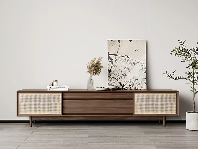Modern Minimalist Dining And Living Room With Wooden TV Cabinet Woven Panels And Marble Painting 3d model