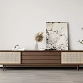 Modern Minimalist Dining And Living Room With Wooden TV Cabinet Woven Panels And Marble Painting