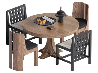Wooden Round Dining Table Set With Four Lattice Back Chairs And Decorative Tray 3d model
