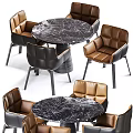 Modern Dining Table Set With Round Marble Top And Leather Chairs In Brown Black