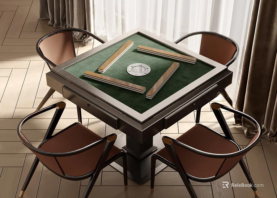 Square Entertainment Table With Green Surface Mahjong Tiles And Brown Armchairs 3d model 