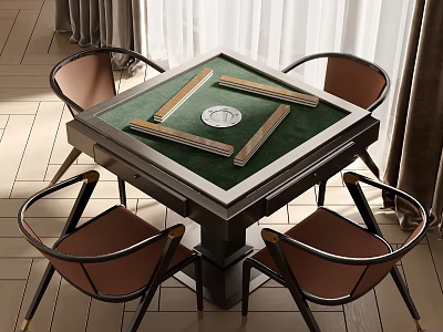 Square Entertainment Table With Green Surface Mahjong Tiles And Brown Armchairs 3d model