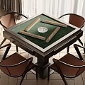 Square Entertainment Table With Green Surface Mahjong Tiles And Brown Armchairs