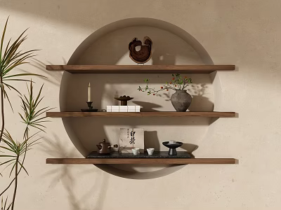 Elegant Chinese Zen Ornament Combination On Wooden Shelves With Green Plants Home Decor 3d model