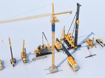 Heavy Duty Utility Vehicles With Tower Crane Road Roller Truck And Construction Machinery 3d model
