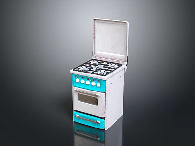 Blue And White Electric Stove Model With Open Lid Knobs And Oven Door 3d model