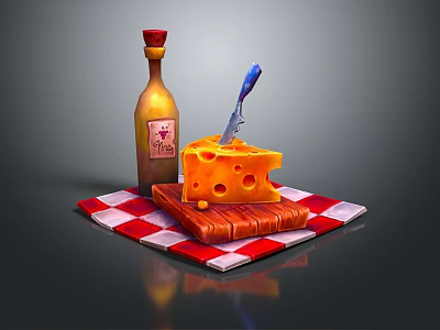 Cheese Slice on Wooden Cutting Board with Knife Wine Bottle on Red White Checkered Cloth 3d model