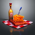 Cheese Slice on Wooden Cutting Board with Knife Wine Bottle on Red White Checkered Cloth