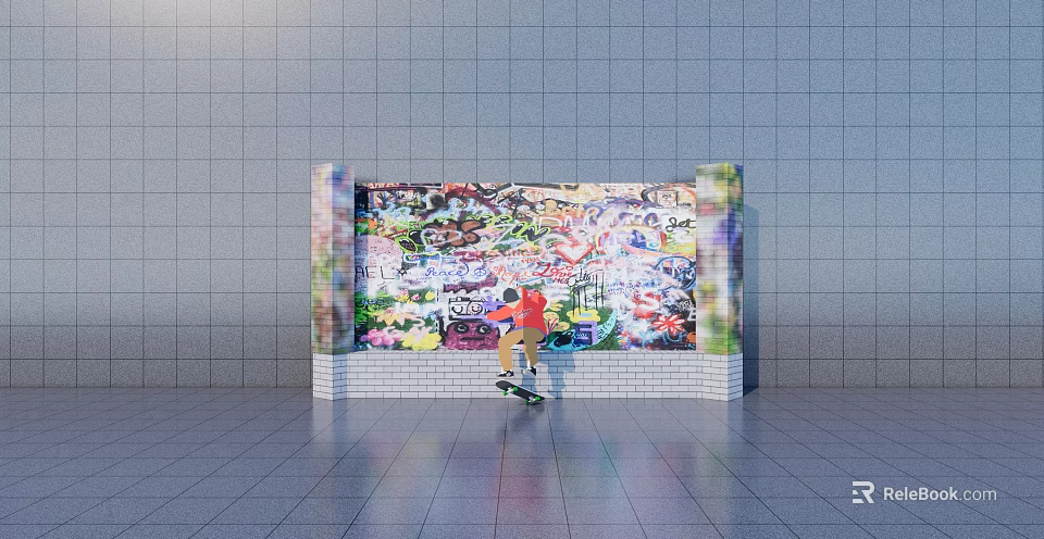 Colorful Graffiti Covered Feature Wall With Skateboarder In Gray Tiled Space 3d model 