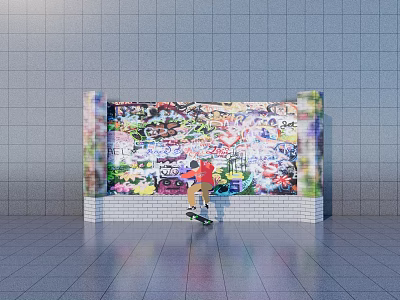 Colorful Graffiti Covered Feature Wall With Skateboarder In Gray Tiled Space 3d model