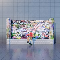 Colorful Graffiti Covered Feature Wall With Skateboarder In Gray Tiled Space
