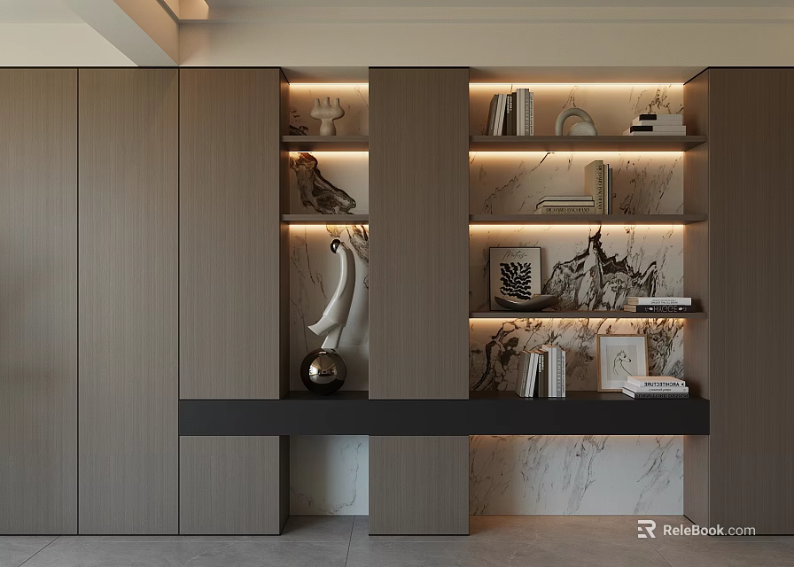 Modern Wooden Decorative Cabinet With Layered Shelves Ambient Lighting Marble Backdrop And Decorative Items 3d model 