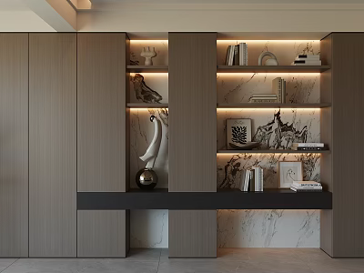 Modern Wooden Decorative Cabinet With Layered Shelves Ambient Lighting Marble Backdrop And Decorative Items 3d model
