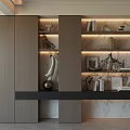 Modern Wooden Decorative Cabinet With Layered Shelves Ambient Lighting Marble Backdrop And Decorative Items