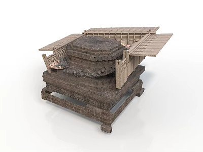 Ancient Architectural Model With Layered Stone Structure And Wooden Roof Design 3d model