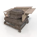 Ancient Architectural Model With Layered Stone Structure And Wooden Roof Design