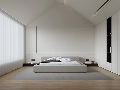 Modern Bedroom Interior Design With Vaulted Ceiling White Walls Large Windows And White Curtains 3d model