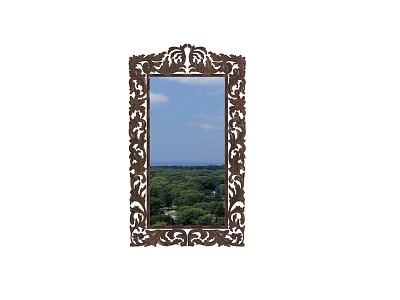 Decorative Mirror with Brown and White Floral Frame Reflecting Blue Sky White Clouds Green Trees 3d model