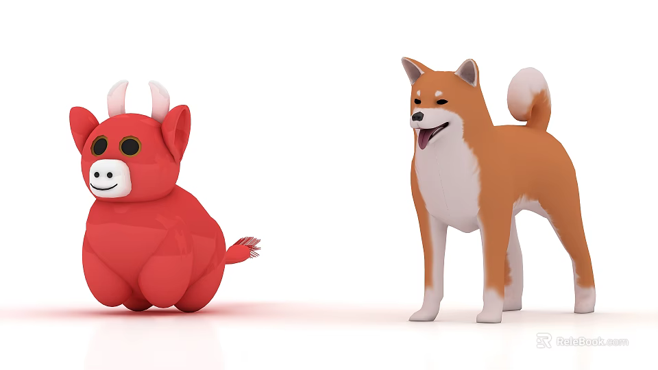 Cute Red Cow Shaped And Brown White Shiba Inu Plush Toys 3d model 