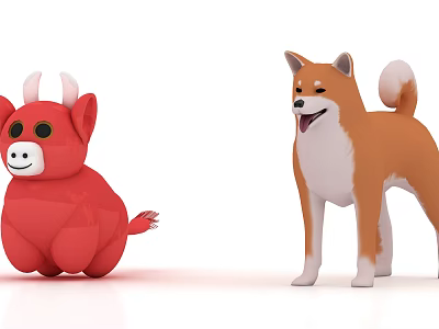 Cute Red Cow Shaped And Brown White Shiba Inu Plush Toys 3d model