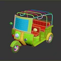 Green Auto Rickshaw with Red Seats Blue Windshield Yellow Wheels and Black Roof Rack