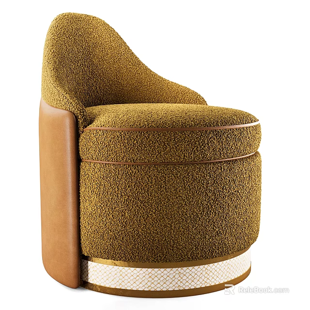 Brown Shaggy Fabric Sofa Stool With Leather Trim And Metallic Base Modern Design 3d model 