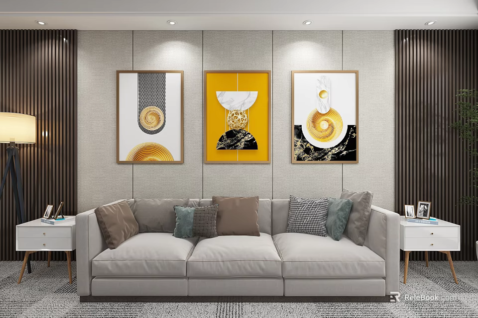 Modern Living Room Wall Decor With Three Abstract Paintings And Luxury Sofa Pillows 3d model 