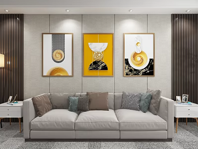 Modern Living Room Wall Decor With Three Abstract Paintings And Luxury Sofa Pillows 3d model