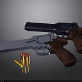 Blue And Silver Pistols With Wooden Handles And Bullets On Dark Surface