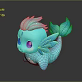 Blue Stylized Cute Sea Creature Character With Winged Fins Crystal Forehead And Sparkling Eyes