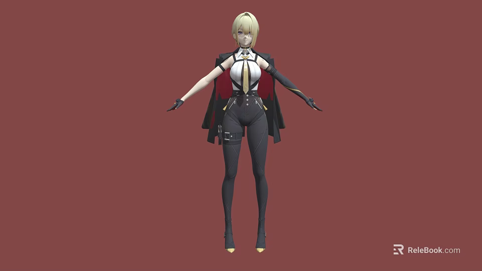 Blonde Woman In Black Leather Outfit Standing Against Red Background With Gloves 3d model 