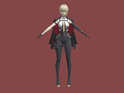 Blonde Woman In Black Leather Outfit Standing Against Red Background With Gloves 3d model