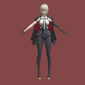 Blonde Woman In Black Leather Outfit Standing Against Red Background With Gloves