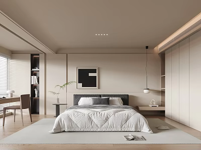 Modern Minimalist Bedroom Interior With Cozy Bed Nightstand Wardrobe And Pendant Light 3d model
