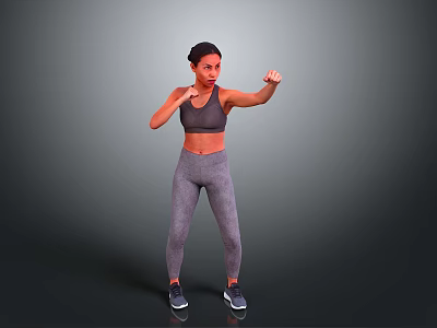 Woman Practicing Boxing Stance In Gray Sports Bra And Leggings 3d model