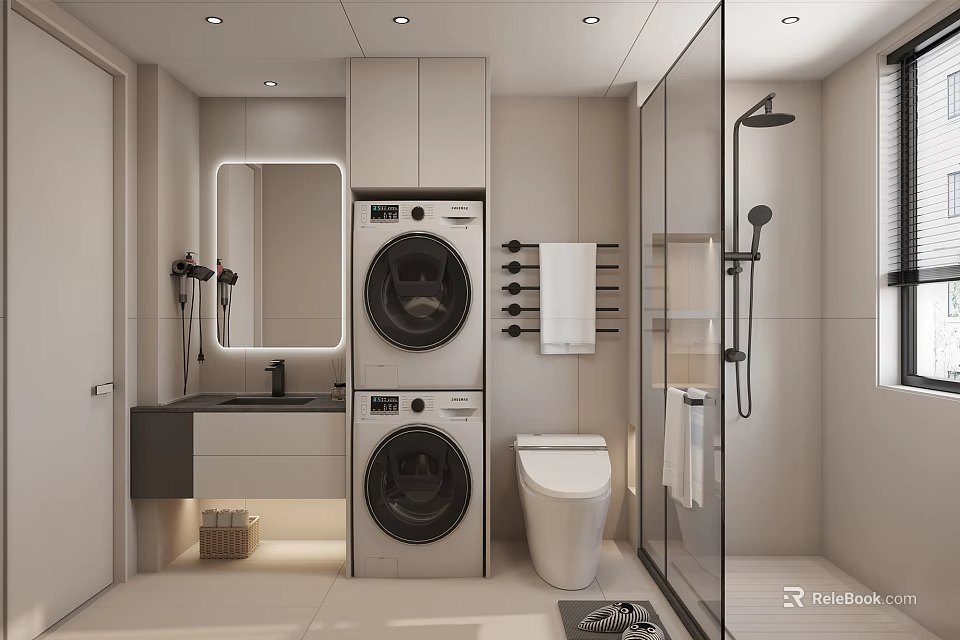 Modern Bathroom Interior Design With Stacked Washer Dryer Toilet Glass Shower And Vanity Cabinets 3d model 