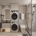 Modern Bathroom Interior Design With Stacked Washer Dryer Toilet Glass Shower And Vanity Cabinets