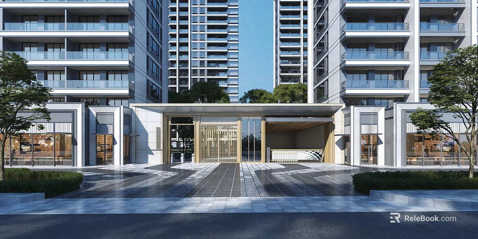 Modern Entrance Gate Design With High Rise Buildings Glass Doors And Stone Slab Ground 3d model 