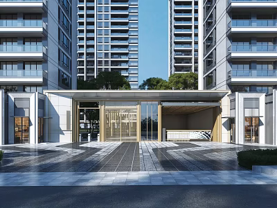 Modern Entrance Gate Design With High Rise Buildings Glass Doors And Stone Slab Ground 3d model