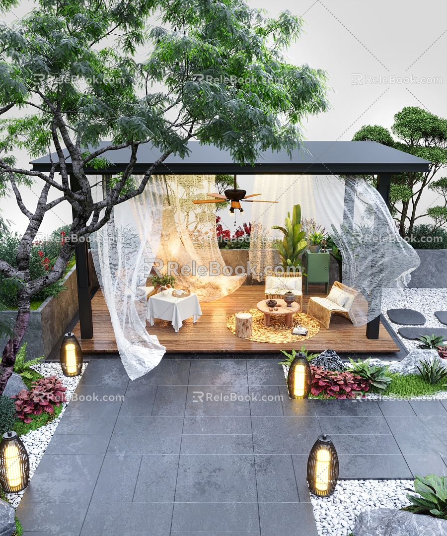 Courtyard landscape sketch leisure pavilion wind-moving gauze curtain leisure seat sketch shrub landscape light model