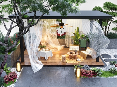 Courtyard landscape sketch leisure pavilion wind-moving gauze curtain leisure seat sketch shrub landscape light model