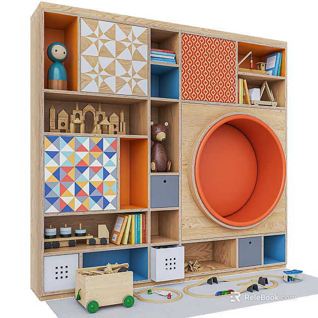 Wooden Side Cabinet With Round Orange Seat And Colorful Storage For Kids Toys Books 3d model 
